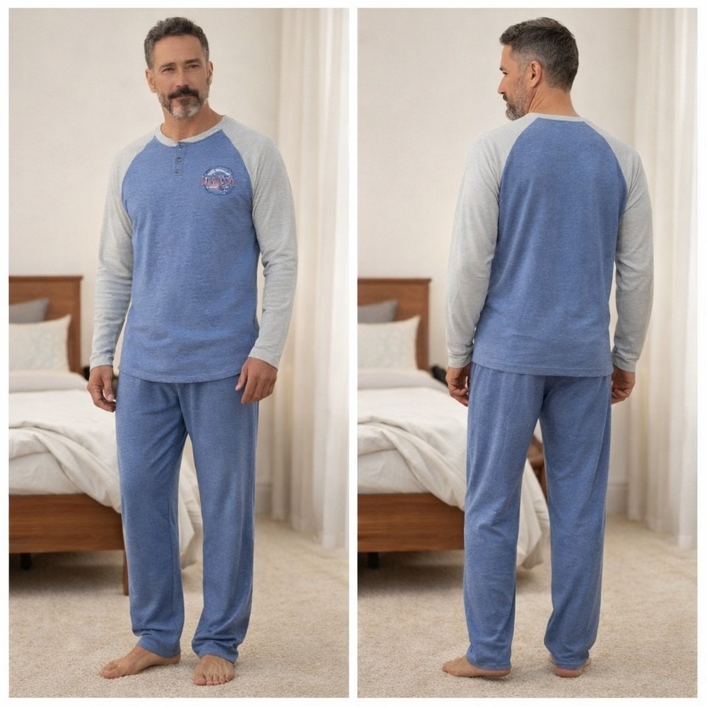 Men New England Patriots PJ Top Blue Gray Raglan Long Sleeve Henley Sleep Shirt